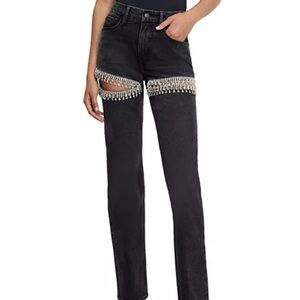 Good American High Rise Good Icon Straight Rhinestone Cutout Jeans- Washed Black